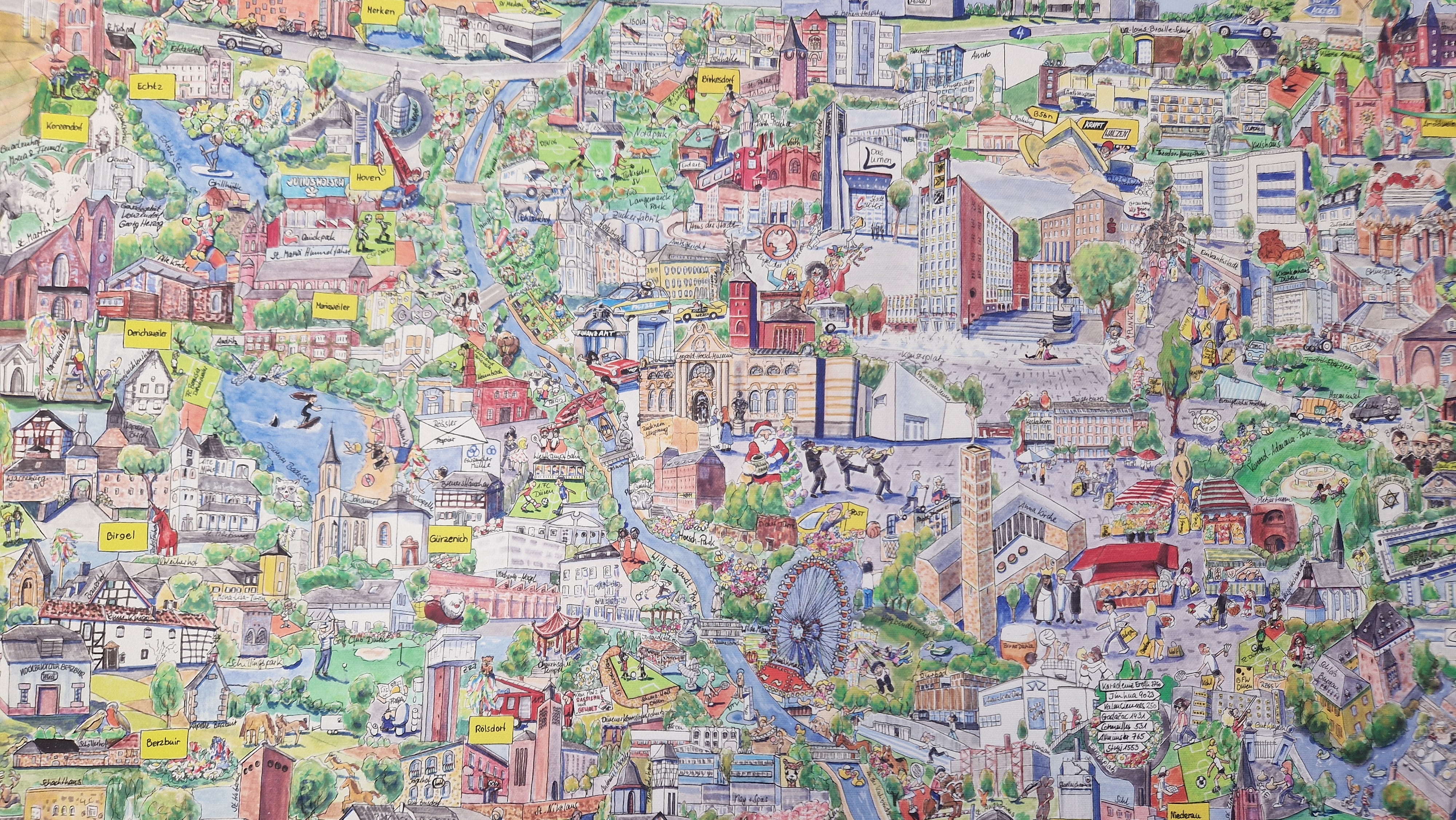 Ein gemaltes Wimmelbild, das der Stadt Düren nachempfunden ist