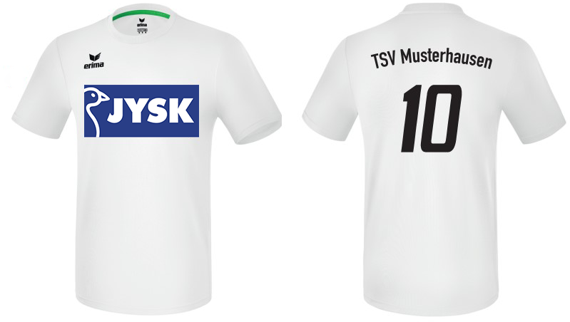 Ein Trikot in zweifacher Ausführung, einmal von vorne und einmal von hinten, auf der Vorderseite befindet sich ein JYSK-Logo, auf der Rückseite eine große 10