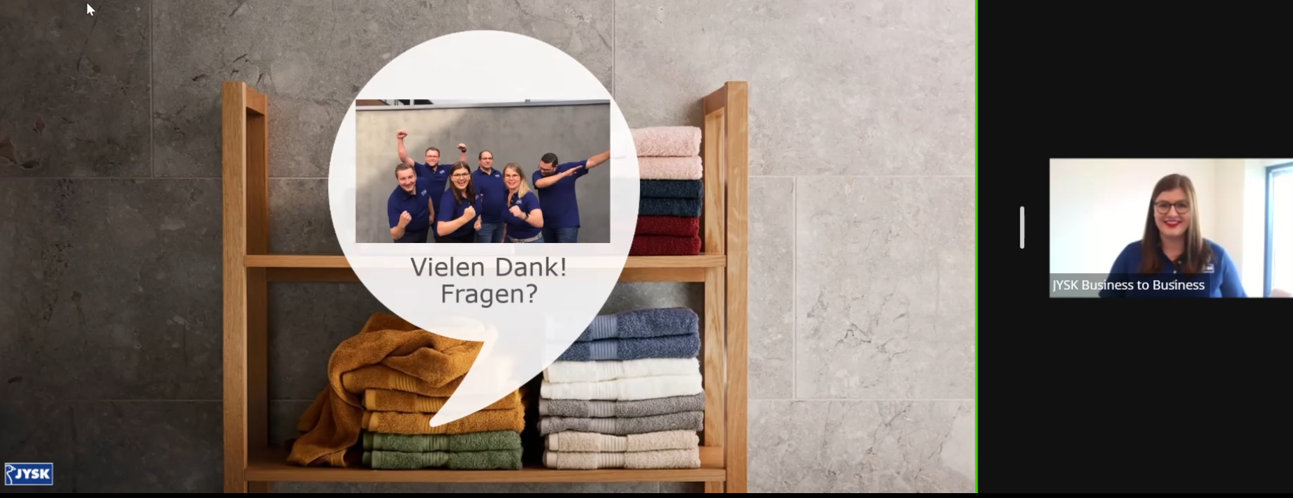 Ein Ausschnitt aus einer Videokonferenz, links eine Power Point Präsentation, rechts B2B Managerin Bianca