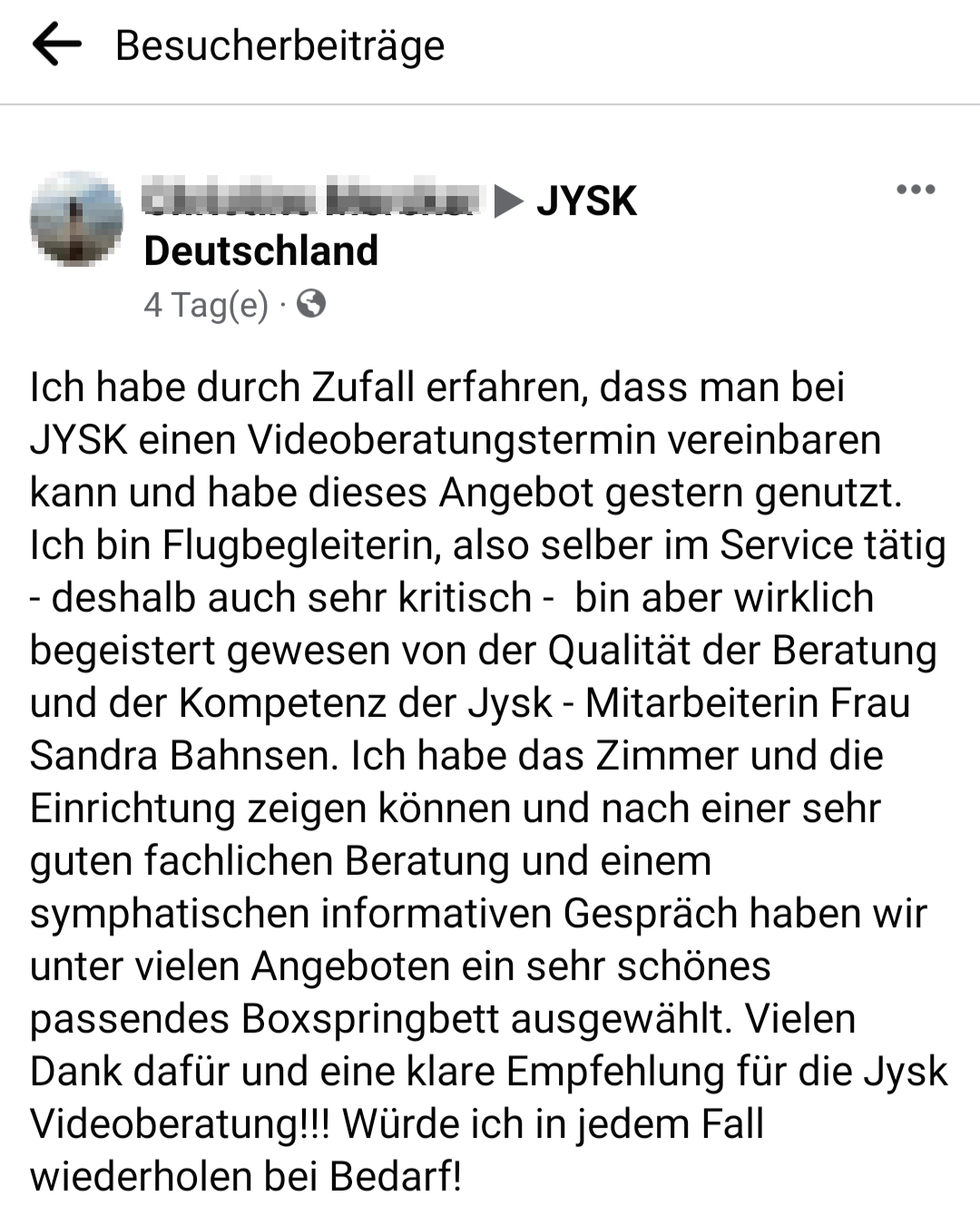 Eine Facebook-Post einer Kundin, die die Video-Chat-Beratung lobt. 