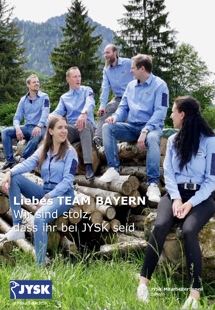 Mehrere Menschen in JYSK-Hemden sitzen auf Holzstämmen und haben eine gute Zeit. im Hintergrund sind Tannen und Berge zu sehen. 