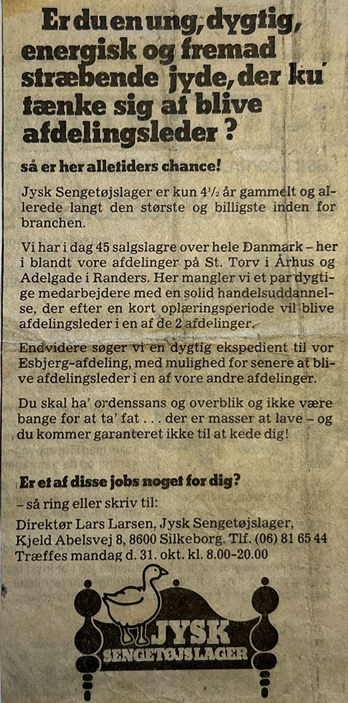 Stillingsopslaget som John Jepsen svarede på i 1984. 