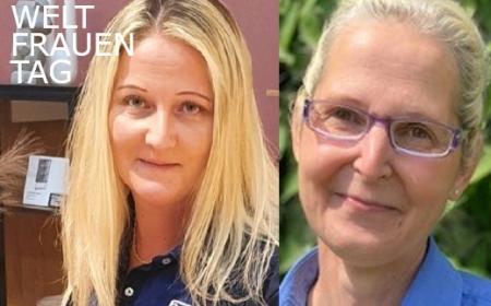 Zwei Frauen lächeln freundlich in die Kamera. Oben links steht "Weltfrauentag"